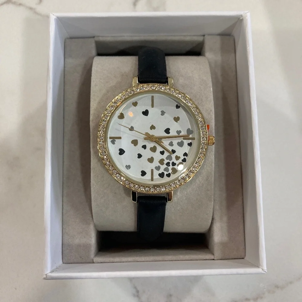 Ann Taylor Factory Crystal Heart Print Black Leather Band Watch